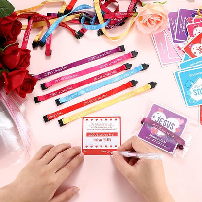 48 Sets Religious Valentine's Day Wristbands Jesus Loves Me Wristband Christian Valentine's Day Friendship Clasp Wristbands with Exchange Cards for Sunday Party Favor Prize