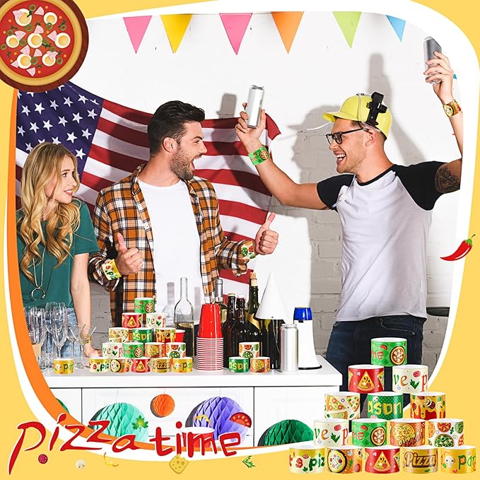 48 Pcs Pizza Slap Bracelets Bulk Party Favors Plastic Colorful Cute Snap Bracelets for Kids Goodie Bag Stuffers Party Supplies Classroom Rewards Prizes Birthday Exchanging Gift, 12 Styles