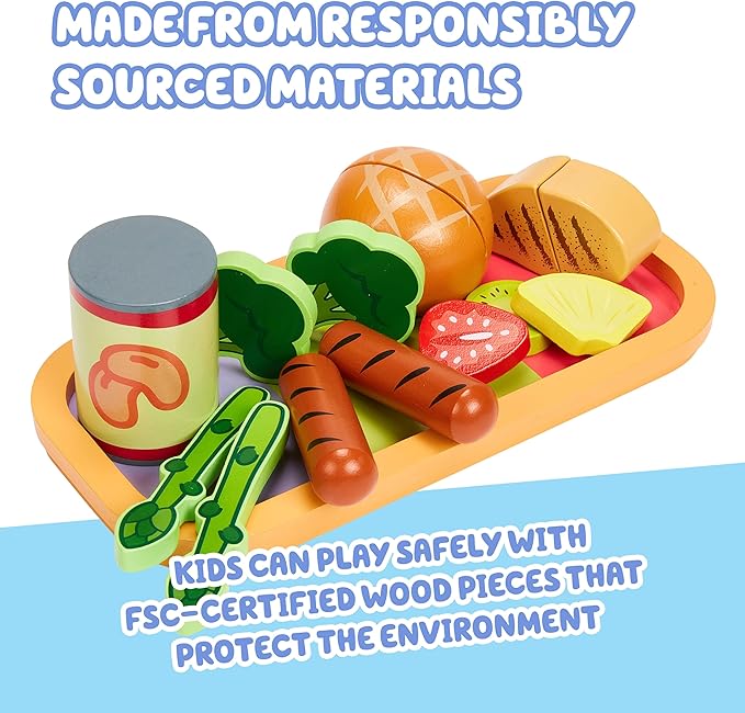 Bluey Toy Fruits and Vegetables for Toddlers, 32-Piece Pretend Food with Plates, Utensils, Baby Play Food & Wooden Toy Fun