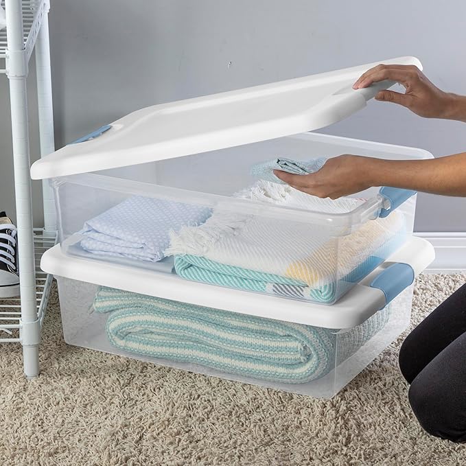 Sterilite 6-Pack Latching Box, Under Bed Storage Bins with Lids, Clear Plastic, 32 Quart - Heavy-Duty Organizing Containers for Closet, Bathroom, and Office