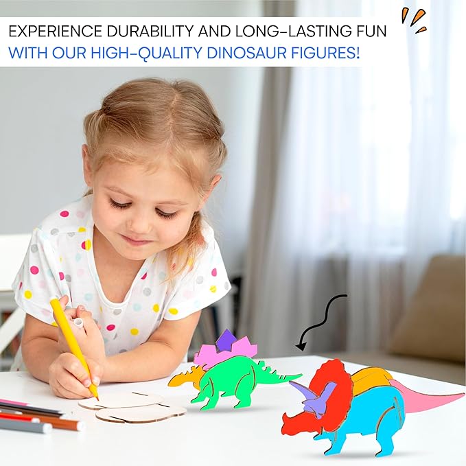 Neliblu Wooden Dinosaur Kit Set of 3 - Colorable Assembly Toy for Kids - 3D Dinosaur Puzzle - Gift for Dinosaur Lovers Ages 5 and Up - 3mm Thick Wood - Creative and Educational Play for Kids