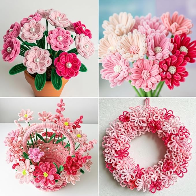 Caydo 200 Pieces Pink Pipe Cleaners for Easter Crafts and Decorations, Thickened Fluffy Chenille Stems Bulk for Kids Creative Arts & Craft Projects, Flowers Making