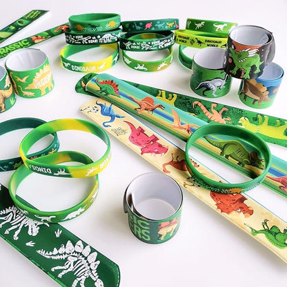 Tacobear 48Pcs Dinosaur Slap Bracelets Rubber Wristbands for Kids Boys Girls Birthday Party Favors Supplies Classroom Prize Gifts Dinosaur Goodie Bag Fillers