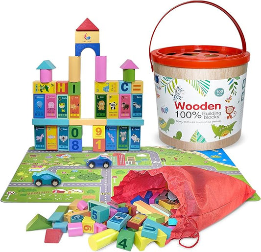 Wooden Blocks Set for Toddlers, Preschoolers, Educational Building Toys, Multicolor, with Storage Bucket and Bag., Medium, WB002
