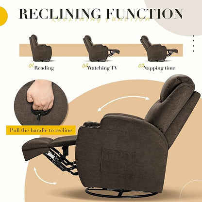 Recliner Chair, 360° Swivel Rocker Chair for Adults, Rocking Recliner Chair with Massage, Comfy Single Sofa with Side Pockets Cup Holders for Living Room, Bedroom, Nursery (Fabric, Brown)
