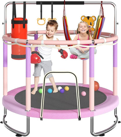 Trampoline for Kids, Upgrade Full Anti-Rust 440lbsToddler Trampoline with Net,Upgraded Ring Legs with Adjustable Gymnastics Bar&Toys, Gifts for Ages 1-8 Boys&Girls