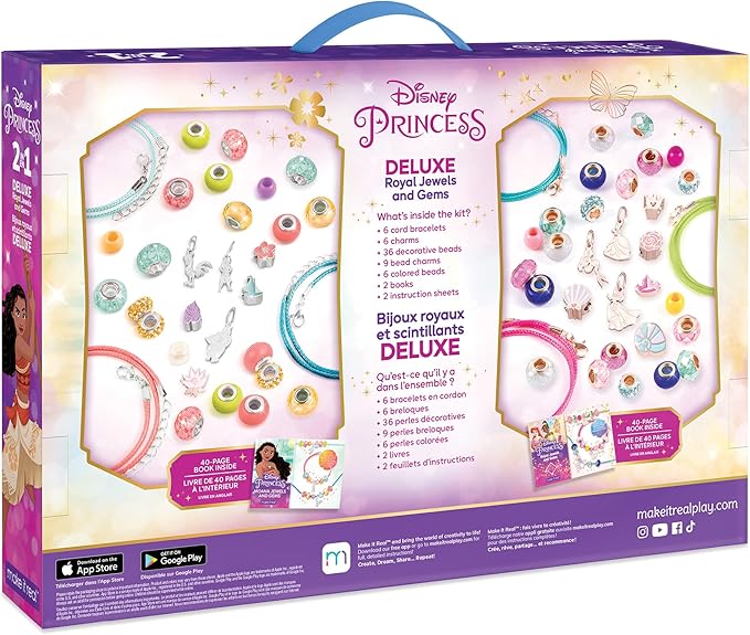 Make It Real Disney Princess 2 in 1 Deluxe Royal Jewels & Gems - Disney Princess Craft Kit with Disney Charms & Beads - Disney Princess Jewelry Making Kit for Girls 8-10-12-14