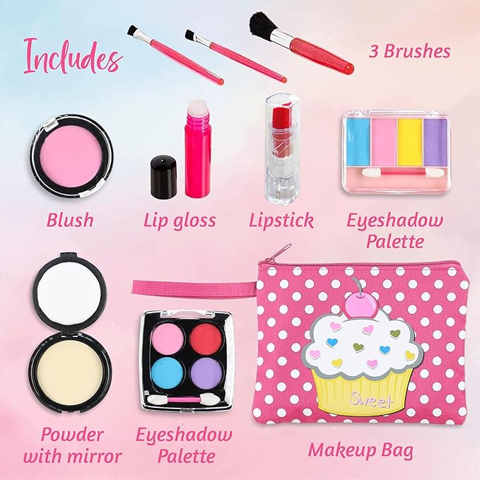Beverly Hills Pretend Makeup Toy Set, My First Princess Cosmetic Beauty Set for Little Girls, Kids Pretend Play, Dress Up with Stylish Polka Dotted Make Up Bag