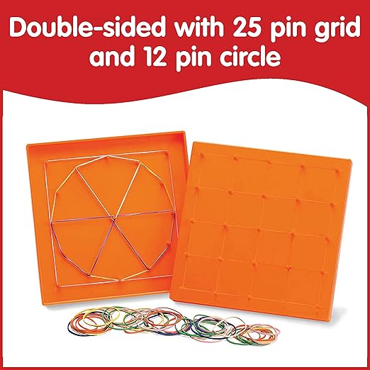 edxeducation Double-Sided Geoboard Set | Set of 6 with Rubber Bands | Ages 3+ | Math Resources, Fine Motor Skills for Kids | 5 x 5 Grid/12 Pin Circular Array