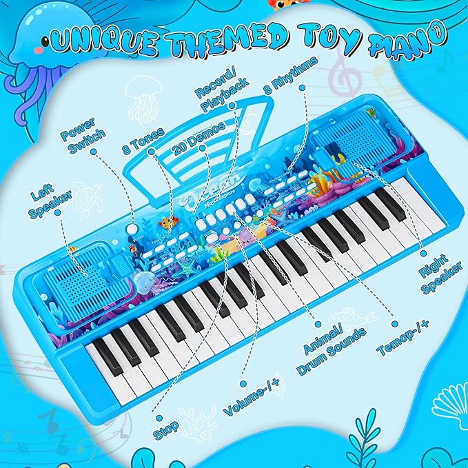 Upgraded 37 Keys Kids Piano Keyboard with Microphone Music Stand – Portable Musical Toys for Toddlers Ages 3 4 5 6 Boys Girls Birthday Gift - Blue