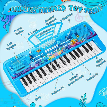 Upgraded 37 Keys Kids Piano Keyboard with Microphone Music Stand – Portable Musical Toys for Toddlers Ages 3 4 5 6 Boys Girls Birthday Gift - Blue