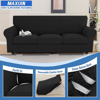 MAXIJIN 4 Piece Couch Covers for 3 Cushion Couch Super Stretch Non Slip Couch Cover for Dogs Pet Friendly Elastic Jacquard Furniture Protector Sofa Slipcovers (Sofa, Black)
