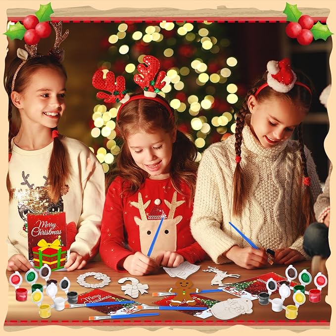 24 Pcs Christmas Party Favors Wooden Painting Craft Kits Birthday Party Supplies with Organza Bag for Goodie Bags Fillers Adult Thank You Gifts