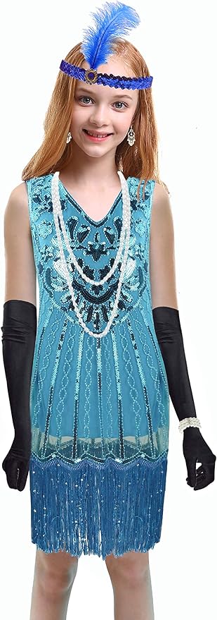 1920's Sequins Flapper Dress Children's Day Gift Party Halloween Costumes for Girls Accessories Set