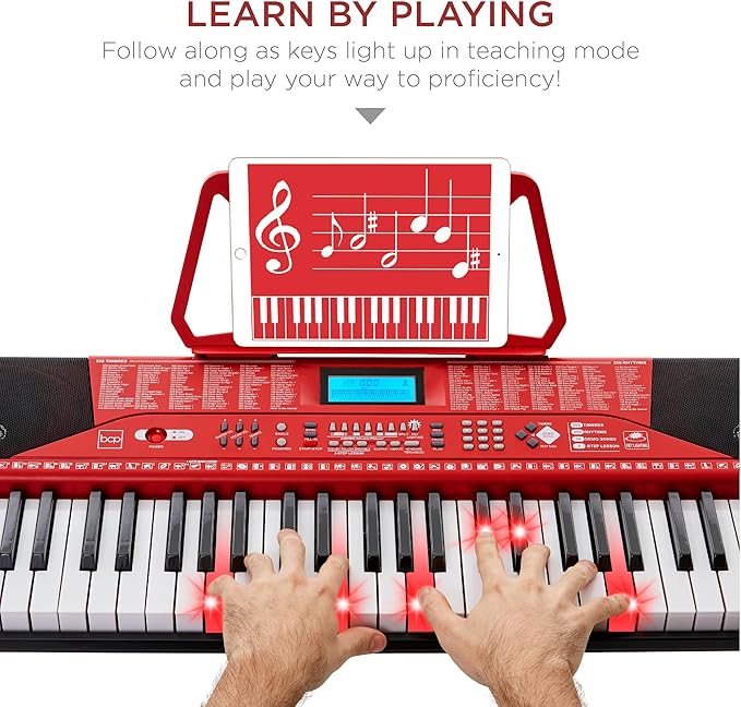 Best Choice Products 61-Key Beginners Complete Electronic Keyboard Piano Set w/Lighted Keys, LCD Screen, Headphones, Stand, Bench, Teaching Modes, Note Stickers, Built-In Speakers - Red