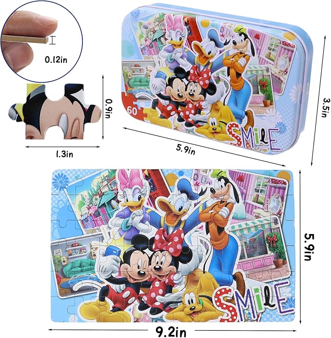 Minnie Mickey Puzzles for Kids Ages 4-8 60 Pieces Puzzles for Kids Ages 3-5 Mickey Mouse Puzzles for Girls and Boys Toys Jigsaw Puzzles in a Metal Box Educational Puzzles (Minnie Mickey 0687)