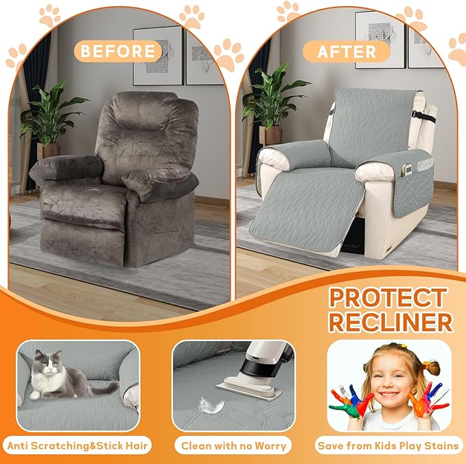 XINEAGE 100% Waterproof Recliner Chair Covers with Elastic Straps, Nonslip Reclining Couch Covers Washable Recliner Couch Cover with Pockets Furniture Protector for Pets Dogs (Light Gray, 23")