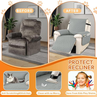 XINEAGE 100% Waterproof Recliner Chair Covers with Elastic Straps, Nonslip Reclining Couch Covers Washable Recliner Couch Cover with Pockets Furniture Protector for Pets Dogs (Light Gray, 25")