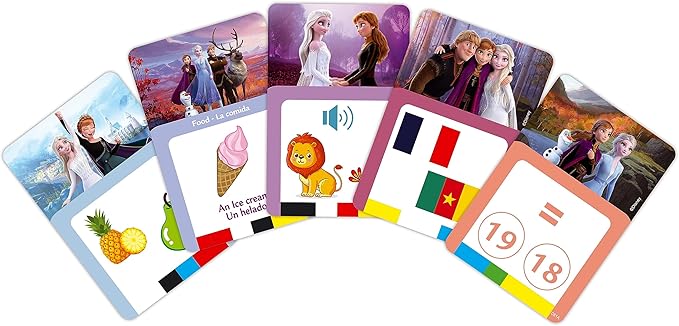 LEXiBOOK, Frozen, Bilingual Interactive Card Reader, Spanish/English, 150 Double-Sided Educational Cards, Educational Quiz & flashcard Machine, Blue/Purple, JCR10FZi2