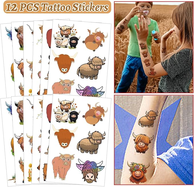 Highland Cow Party Favors Highland Cow Theme Slap Bracelets Key Chains Badges Temporary Tattoo Stickers Gift Bags for Kids Highland Cattle Farm Animal Birthday Party Supplies Baby Shower