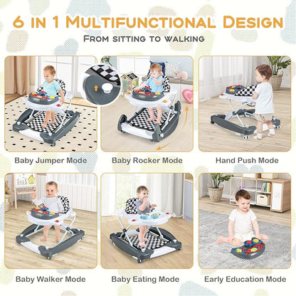 BABY JOY 6-in-1 Baby Walker, Foldable Baby Walker with Wheels, Adjustable Height, Music, Lights, Bouncer & Rocker Mode, Baby Walkers for Boys Girls 6-14 Months (Gray)