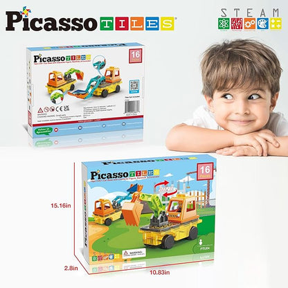 PicassoTiles Magnet Tiles Building Block 2-in-1 Excavator & Backhoe Brick Compatible Construction Playset with Car Base Magnetic Character Action Figure STEM Educational Learning Toy Kit Age 3+ PTU04