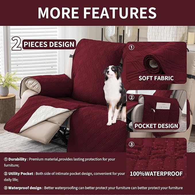 Easehomey Waterproof Loveseat Recliner Cover,Non Slip Reclining Couch Covers for 2 Seat,Dog Chair Cover Furniture Protector Washable Chair Cover with Pocket for Kids,Pets,Dogs(Wine Red,2Seat)