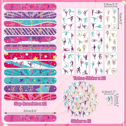 Gymnastics Party Favors, Gymnastics Birthday Party Decorations Supplies for Your Little Dance Gymnasts, Including Gift Bags, Slap Bracelets, Rubber Bracelets, Stickers, Tattoo Stickers, Button Pin