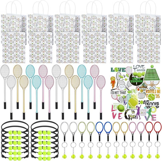 98 Pcs Tennis Party Favors, Tennis Party Decorations Includes 50 Tennis Stickers 12 Mini Tennis Racket Keychain 12 Tennis Charm Bracelets 12 Tennis Racket Shape Pens 12 Party Paper Bags