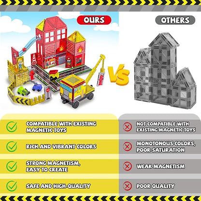 Magnetic Tiles for Kids, 56PCS Construction Magnet Tiles with Fire Truck Station, Building, Road, Crane, Car Truck - STEM Magnetic Blocks for Kids Ages 4-8, Toys for 4 5 Year Old Boys Birthday Gifts