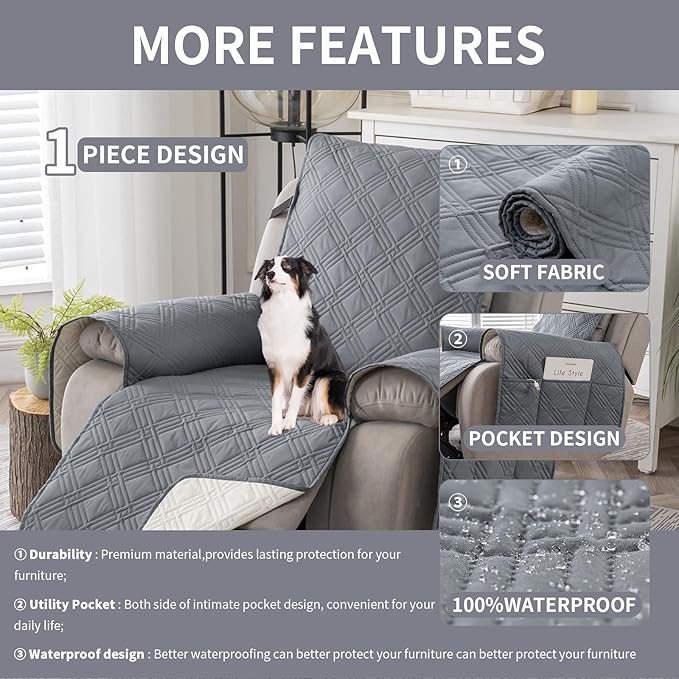 Easehomey 100% Waterproof Recliner Chair Covers, Non Slip Dog Chair Cover Furniture Protector Washable Chair Cover with Pocket, Elastic Straps for Kids,Pets,Dogs (Light Gray, 23.6")