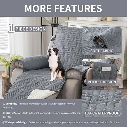 Easehomey 100% Waterproof Recliner Chair Covers, Non Slip Dog Chair Cover Furniture Protector Washable Chair Cover with Pocket, Elastic Straps for Kids,Pets,Dogs (Light Gray, 23.6")