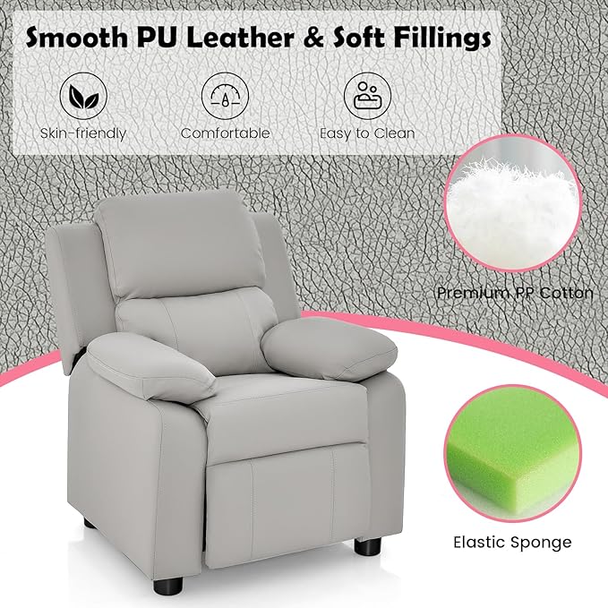 Costzon Kids Recliner, Leather Recliner Chair w/Footrest, Armrest Storage, Headrest & Lumbar Support, Ergonomic Lounge Chair for Living & Gaming Room, Adjustable Recliner Sofa for Boys Girls (Gray)