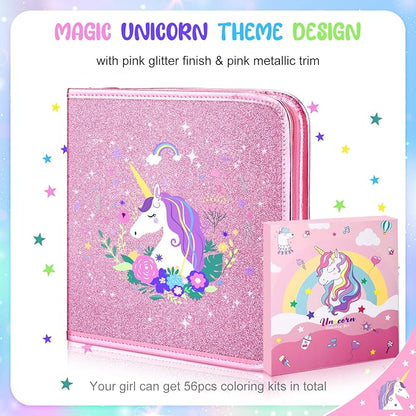 56 Pc Fruit Scented Marker Set with Glitter Unicorn Case, Art Supplies Kit for Kids Ages 4-8