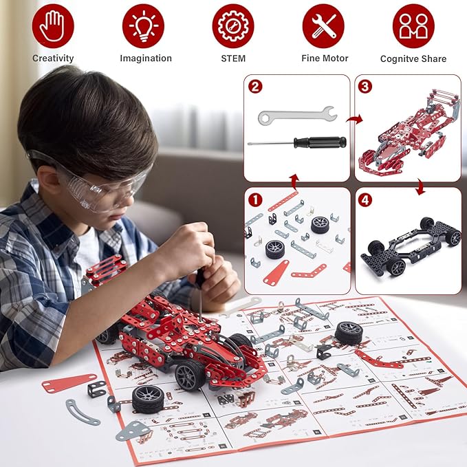 Building Kit Red Model Car Set - 287 PCS STEM Project Building Toys for Kids Ages 8-12, Assembly Building Vehicle for Boys 8 9 10 11 12-16 Years Old and Up Boys Girls Adults