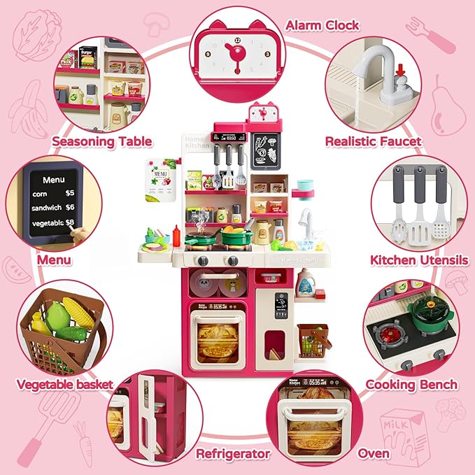 Letapapa Kids Play Kitchen Set, Kitchen Toys with Realistic Sound & Light, Cooking Stove, Sink, Play Food and Kitchen Accessories, Kitchen Playset Gifts for Toddlers Girls Boys(Red)