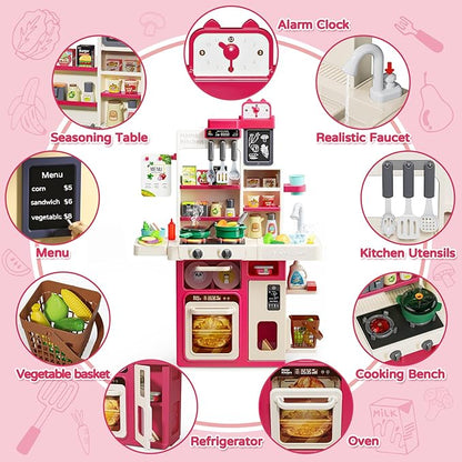 Letapapa Kids Play Kitchen Set, Kitchen Toys with Realistic Sound & Light, Cooking Stove, Sink, Play Food and Kitchen Accessories, Kitchen Playset Gifts for Toddlers Girls Boys(Red)