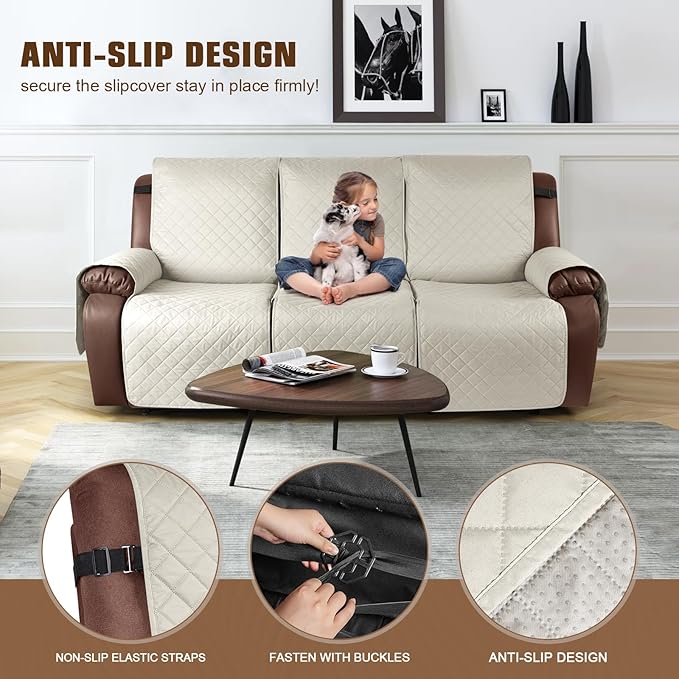 KinCam Waterproof Recliner Sofa Cover, Non-Slip Reclining Couch Covers for 3 Seat, Recliner Couch Cover Furniture Protector with Elastic Straps for Pets, Kids, Ivory