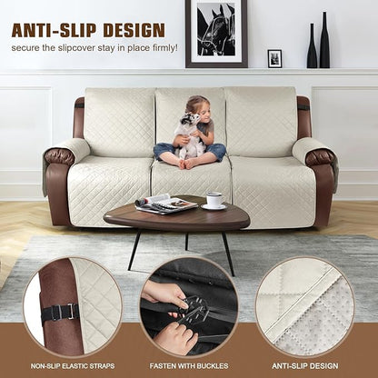 KinCam Waterproof Recliner Sofa Cover, Non-Slip Reclining Couch Covers for 3 Seat, Recliner Couch Cover Furniture Protector with Elastic Straps for Pets, Kids, Ivory