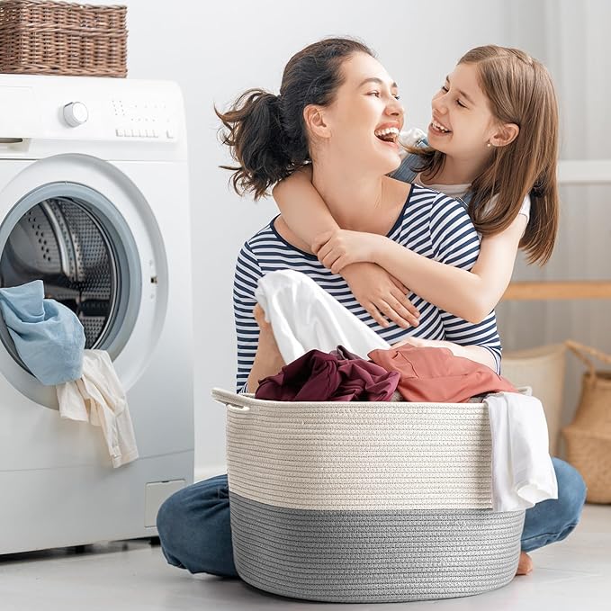 Maliton XXXLarge Blanket Basket Living Room - 22" x 22" x 14" Cotton Rope Baskets for Storage - Large Woven Basket for Toys, Towels, Pillows, Clothes- Rope Laundry Hamper with Handles - Nursery Bin