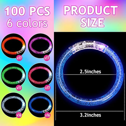 100 Pcs LED Bracelets,6 Color Glow Bracelets,Light Up Bracelets,Glow in the Dark Party Supplies for Kids & Adults,Glow in The Dark Bracelets for Concert Birthday Carnival Party Favors