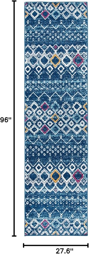 SAFAVIEH Amsterdam Collection Runner Rug - 2'3" x 8', Navy & Turquoise, Moroccan Boho Design, Non-Shedding & Easy Care, Ideal for High Traffic Areas in Living Room, Bedroom (AMS108M)