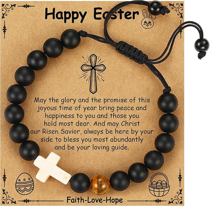 Easter Basket Stuffers for Girls Teens Boys Kids, Cross Natural Beads Bracelet Christian Religious Baptism First Communion Confirmation Jewelry Gifts
