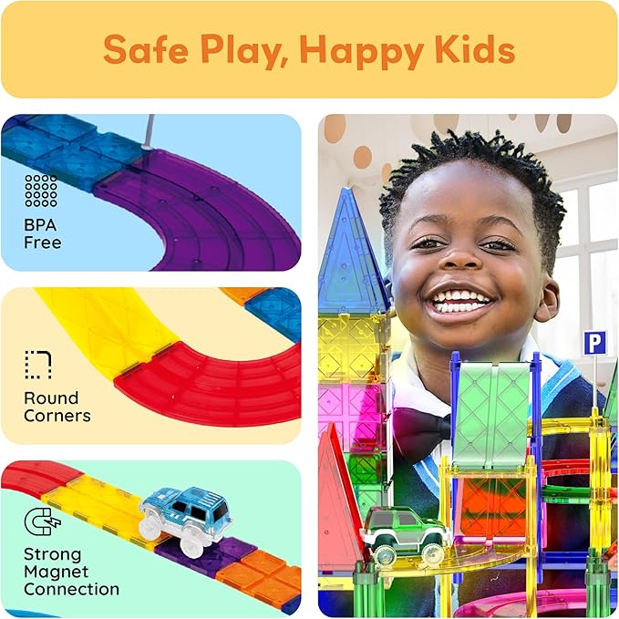 PicassoTiles 128 Piece Race Car Track Building Block Educational Toy Set Magnetic Tiles Magnet Playset 3 LED Car STEM Learning Construction Kit Hand-Eye Fine Motor Skill Training Brain Development