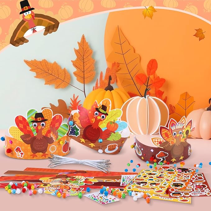24 Set Thanksgiving Turkey Arts Crafts Kits DIY Thanksgiving Craft Headband Turkey Paper Hat with Pumpkin Fall Leaf Turkey Stickers Gems Eyes Sheets for Thankful Activities Crafts Supplies
