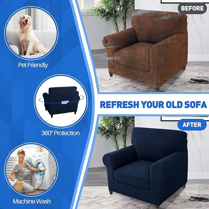 MAXIJIN 2 Piece Jacquard Chair Covers with Arms Super Stretch Non Slip Chair Slipcover for Living Room Dogs Pet Friendly Elastic Sofa Couch Protector Armchair Cover (Chair, Navy Blue)