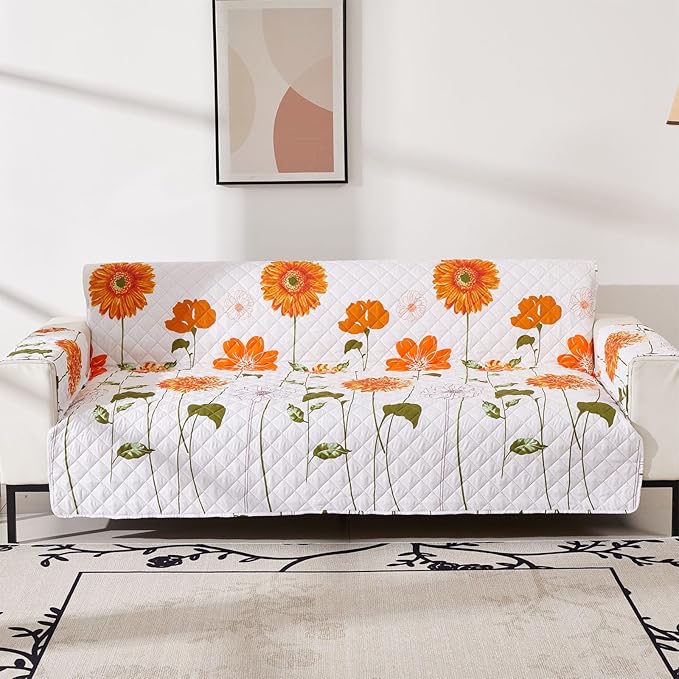 EVENHUG Sofa Cover for 3 Cushion Couch Sunflower Sofa Slipcover Washable 3 seat Couch Cover Furniture Protector Cover with Elastic Straps for Pets Kids Dog Cat (Sofa,Orange)