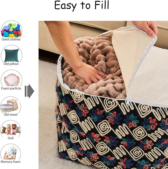 Unstuffed Pouf Ottoman Cover Storage Bean Bag Cube Foot Rest Floral Footstool Floor Pillow Farmhouse Cushion for Living Room, Bedroom, Nursery, Kidsroom, Nook