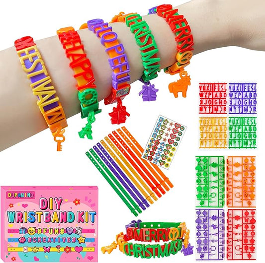 DIY Friendship Bracelet Making Kit for Girls, Charm Kids Wrist Band Making Kit with Stickers, 4 Color Letters, Icons & 5 Straps, Christmas Gifts, Fun Craft Activity for Girls Birthday & Party