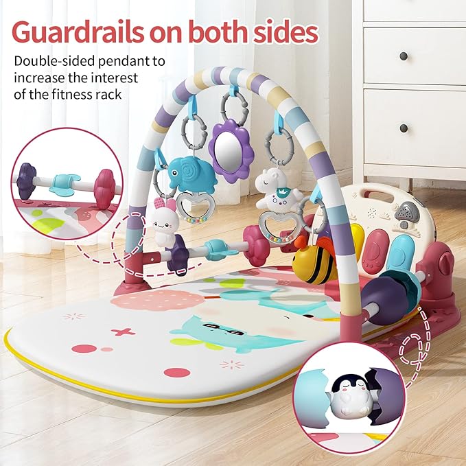 Jovow Baby Gym with Musical Piano,Baby Play Mat Tummy Time Baby Activity Gym Mat with 5 Infant Learning Sensory for Baby, Music and Lights Boy or Girl for Newborn（Pink）